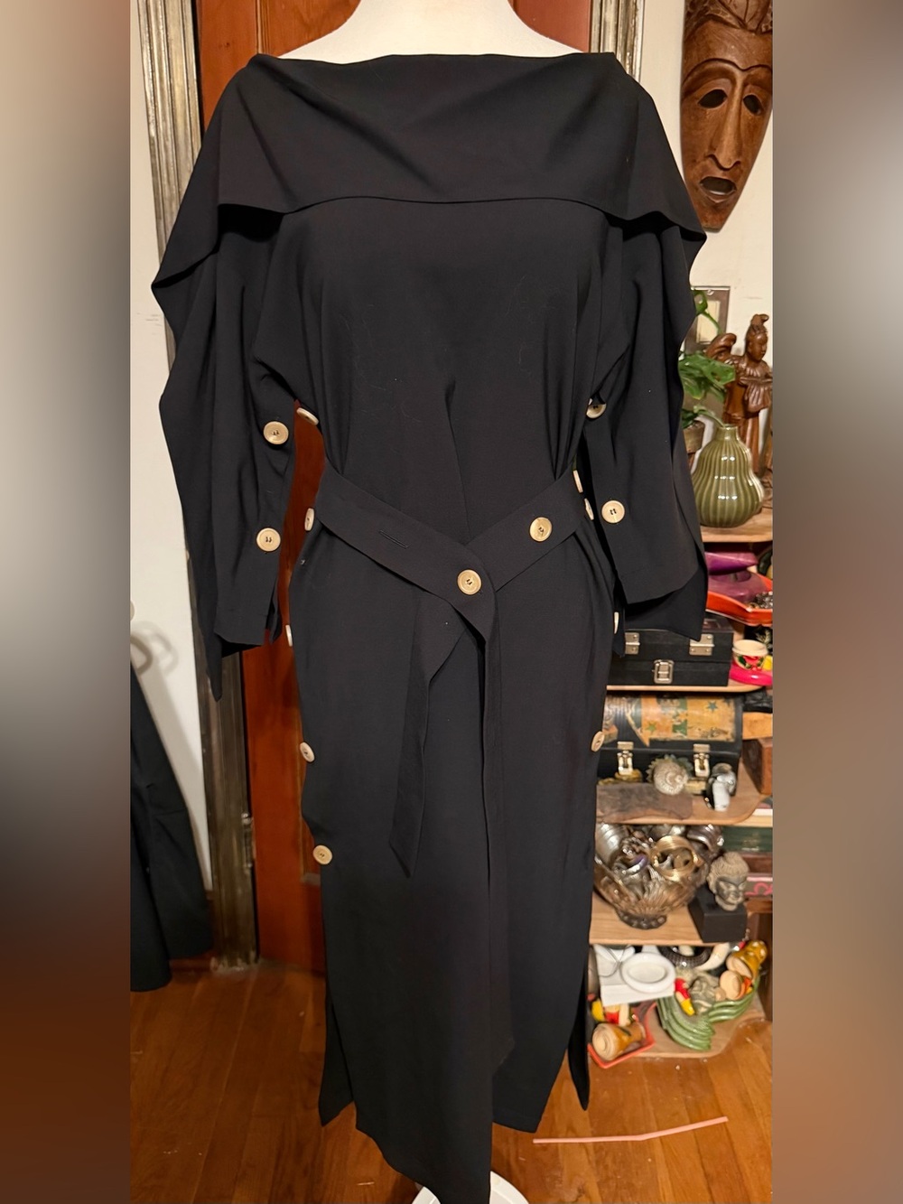 A.W.A.K.E. MODE Black Structural Cocoon/Column Button Dress With Belt